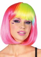 Roze boblijn pruik met regenboog pony